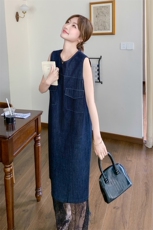 韩版蕾丝拼接无袖牛仔连衣裙女2025夏季新款宽松显瘦时尚背心长裙，女装连衣裙，2D075