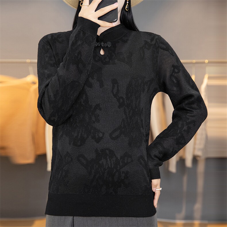 2024年秋季欧根纱盘扣长袖时尚提花显瘦百搭针织衫,针织衫/毛衣,佳绒包芯纱店