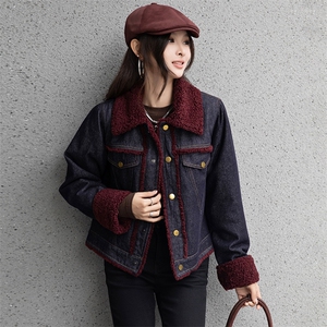现货复古仿羊羔毛棉衣外套女2024冬新款韩版时髦加绒加厚牛仔棉服图片