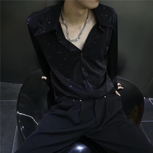 高级设计感烫金满天星衬衫男生长袖韩版宽松潮流时尚痞帅衬衣图片