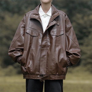 A928-P66春秋季美式高街潮牌机车服夹克宽松立领pu皮衣外套男,长款棒球羽绒服如何搭配图片