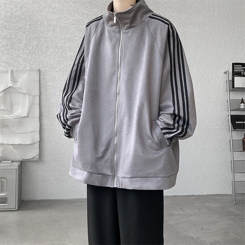8XL-M特大码麂皮绒重磅条纹棒球服夹克外套男立领潮JK004P75控98,男装夹克,电商B312