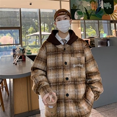 格子毛呢男秋冬季新款加厚日系复古潮牌痞帅宽松短款呢料外套，男装夹克，星座716-3