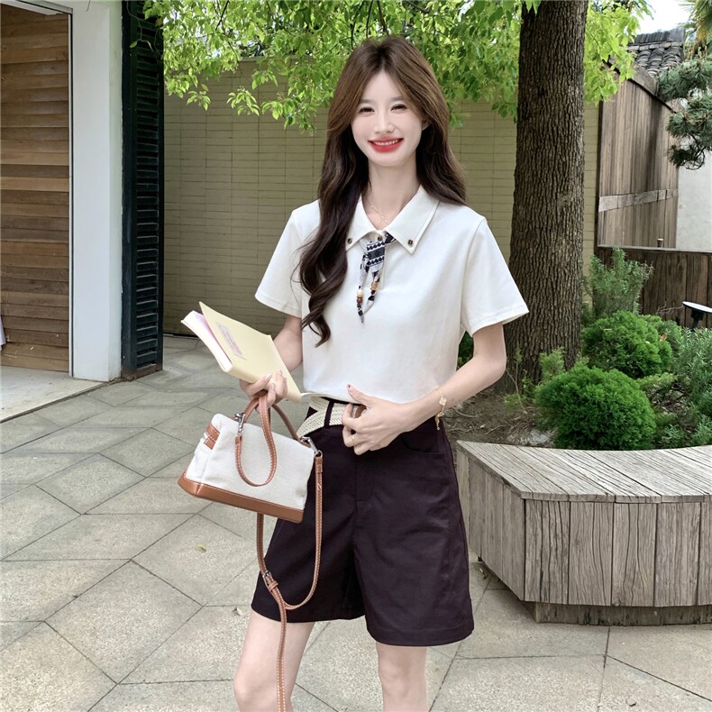 2026新款气质学院风撞色丝巾短袖衬衫套装女夏日2026新款两件套,女装套装/套裙,艾米莉亚