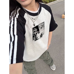 抖音得物品质二开240克宽松纯棉美式潮牌插肩三杠织带短袖T恤图片