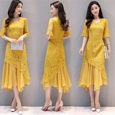 通勤连衣裙V领高腰套头短袖2022年夏季中长款蕾丝A型纯色韩版街头，女装连衣裙，火爆靓佳人