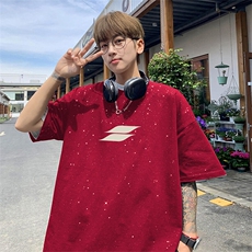 可48小时发货支持抖音得物来样二开美式满天星亮片短袖T恤MTX672，男装T恤，电商A486