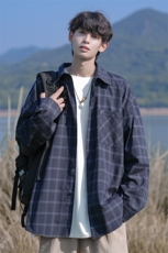 2025秋季百搭复古长袖格子翻领宽松衬衫外套男C5533-特P40控78，男装衬衫，电商A001-1