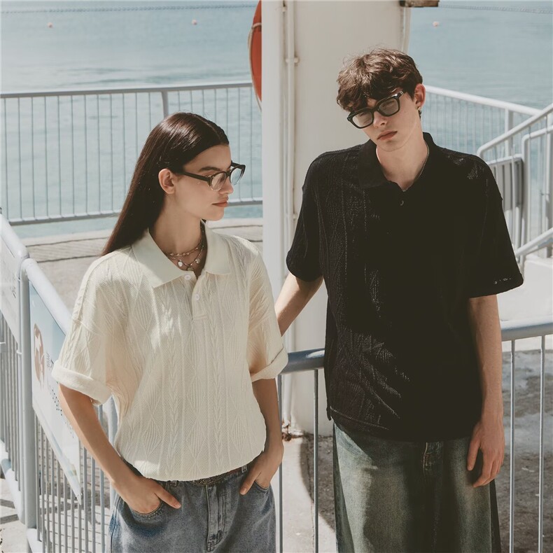 ins美式复古宽松肌理感针织polo衫2025夏复古翻领T恤透气老钱短袖，男装Polo衫，星座506A