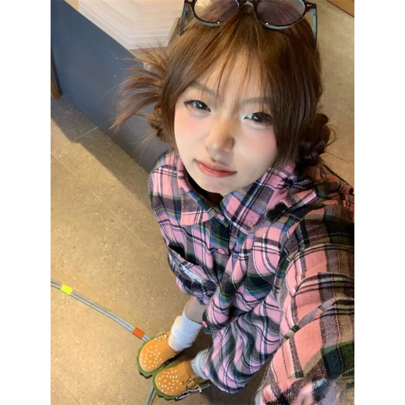 TC768-P45 复古粉青色格纹衬衫女 2025新款宽松休闲显瘦衬衣外穿图片