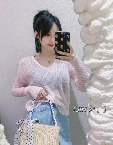 竹节麻V领针织小衫，女装，金翕服饰