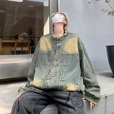 港风秋款男立领牛仔夹克衫渐变色休闲牛仔外套JK2214P65，男装工装外套，星座1013-1