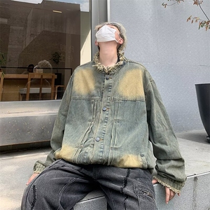 港风秋款男立领牛仔夹克衫渐变色休闲牛仔外套JK2214 P65图片
