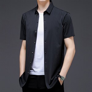 冰丝衬衫男短袖夏季2023新款商务休闲宽松中年爸爸装薄款男士衬衣图片
