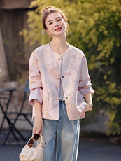 新中式提花短外套女2025春秋新款小个子百搭显瘦唐装国风宋锦上衣，女装短外套，天丽