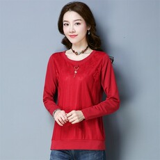 T恤棉拼色纯色圆领抽褶印花创意2021年春季长袖修身舒适修身，女装T恤，丽影随形