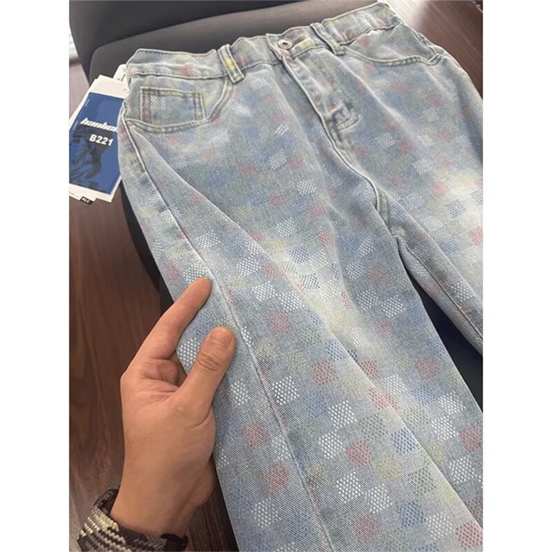 新款提花高街潮流设计感牛仔裤男宽松直筒水洗阔腿裤WLA1100-P48,男装牛仔裤,星座1008