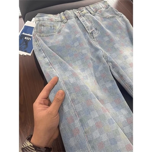 新款提花高街潮流设计感牛仔裤男宽松直筒水洗阔腿裤WLA1100-P48图片