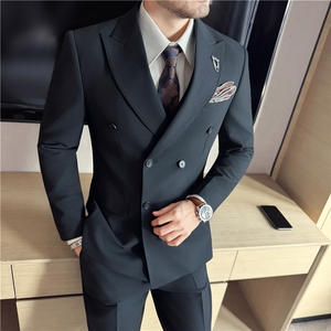 秋冬主推~免烫抗皱色织高档双排扣西装三件套西服男SJT8066-P295,豆绿长款羽绒服搭配图图片