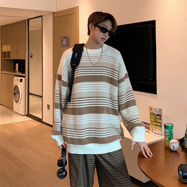秋冬季撞色条纹圆领毛衣男针织衫潮流情侣宽松毛衣外套MY5574-P55,男装针织衫/毛衣,星座308B-2