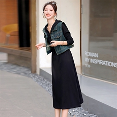 牛仔连衣裙女2025春秋新款高级感法式气质卫衣裙休闲显瘦马甲套装，女装套装/套裙，意芙