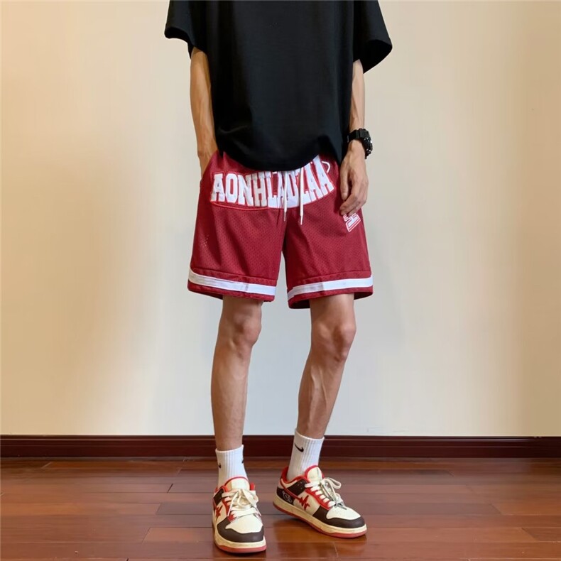 休闲短裤男韩版字母刺绣个性高街红色2023夏季ins五分裤K4306-P30,男装休闲裤,星座412-3