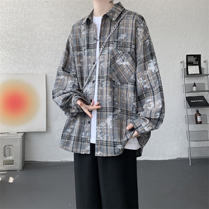 衬衫男秋季新款港风宽松大码格子扎染刺绣长袖衬衣CS3016-P38图片