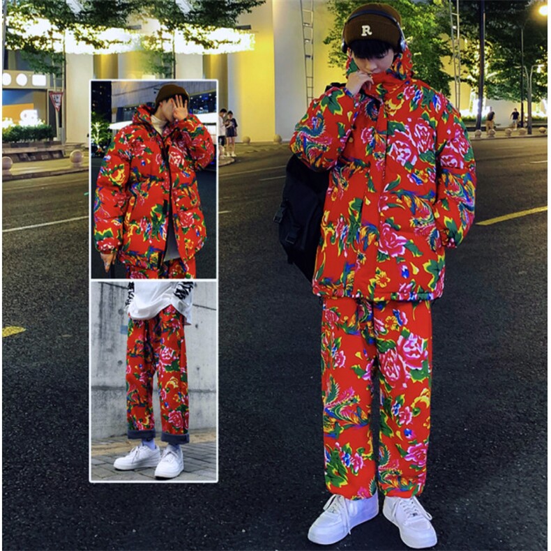 TZ206男士休闲东北大花连帽棉衣加绒裤套装风民族潮男女装，男装休闲套装，星座115A(原星座507）