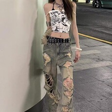 新款美式复古夏季辣妹个性痞帅酷破洞牛仔裤直筒宽松拖地裤，男装牛仔裤，星座506A
