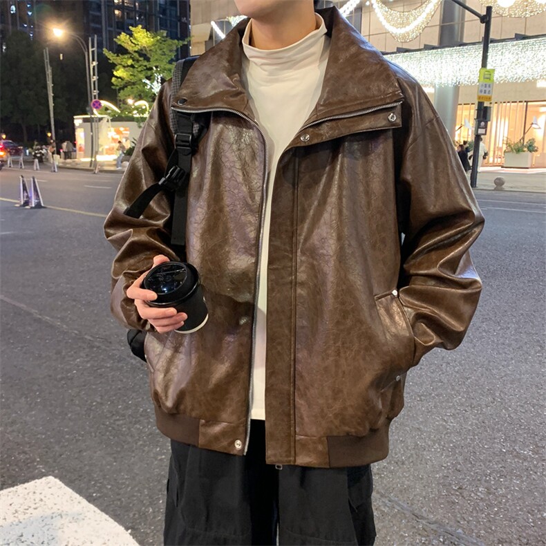 春季潮牌皮衣美式复古情侣翻领PU皮休闲宽松皮夹克外套JK0263-P78,男装夹克,星座308B-2