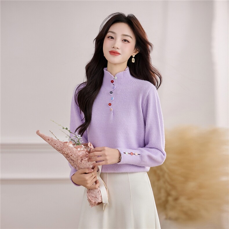 2025年冬季彩扣套头时尚毛衣小衫，女装针织衫/毛衣，乐吉娜