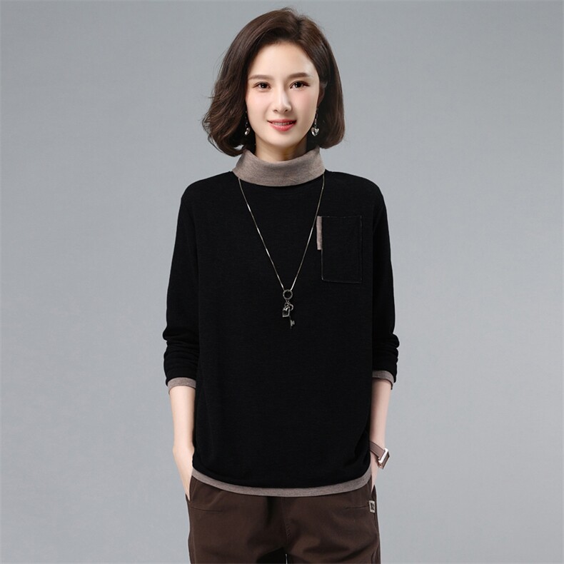 2021新款韩版高领拼色时尚休闲长袖宽松打底衫潮,女装大码女装,奕阳依阁