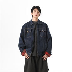 美式复古格纹拼接牛仔外套男女休闲宽松百搭工装夹克潮JK1166-P80，男装工装外套，星座1103-3