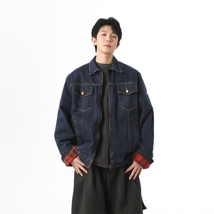美式复古格纹拼接牛仔外套男女休闲宽松百搭工装夹克潮JK1166-P80图片