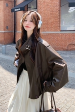 美式复古咖色短款机车服外套女春秋超火好看高级小众皮衣夹克上衣，女装皮衣，2C218