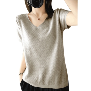纯棉镂空菱形短袖女2025夏季宽松打底针织半袖V领套头图片