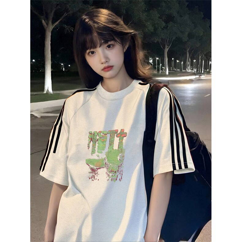 抖音得物高品质二开240克宽松纯棉美式潮牌三条杠织带短袖T恤,男装T恤,电商A486-1