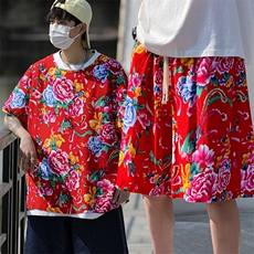 TZ2008男士夏季圆领短袖短裤人棉东北大花布透气凉爽套装大码男，男装休闲套装，星座115A(原星座507）