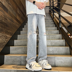 美式街头破洞牛仔裤男款潮牌水洗做旧宽松直筒阔腿裤子10877-p45，男装牛仔裤，星座1008