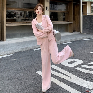 粉色慵懒风连帽休闲卫衣套装女春季2025年新款减龄阔腿长裤两件套图片