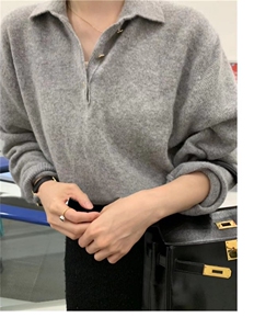 日系POLO领仿羊毛针织衫 简约百搭显瘦长袖毛衣图片