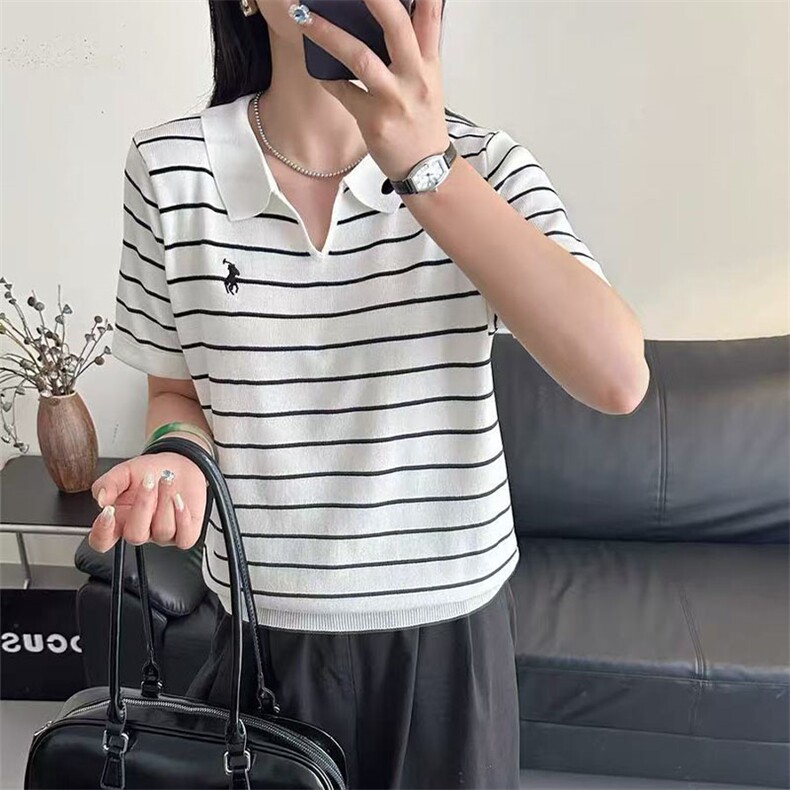 夏季新款女士简约时尚舒适两色翻领短袖,女装T恤,萱芳婷羊绒