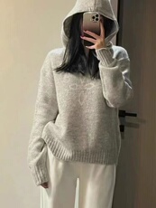 2024年秋季连帽纯色套头长袖时尚气质简约百搭针织衫，女装羊毛衫，百纯羊绒