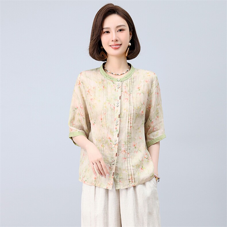 2025夏装新款复古舒适显瘦撞色印花苎麻衬衫轻薄阔腿裤,女装衬衫,凝聚力