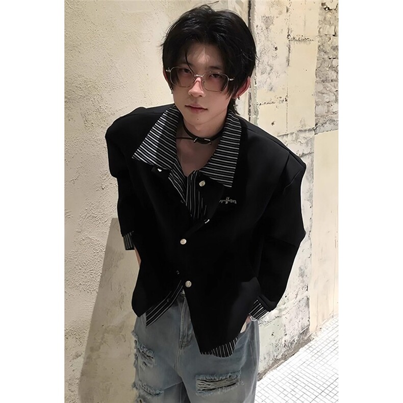 假两件拼接条纹衬衫卫衣高级感衬衣痞帅开衫-WY735-网图,男装衬衫,星座1002-2