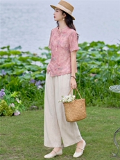 现货2026年夏季新款中式时尚两件套装女小衬衫T恤加天丝麻阔腿裤，女装套装/套裙，璐依舞