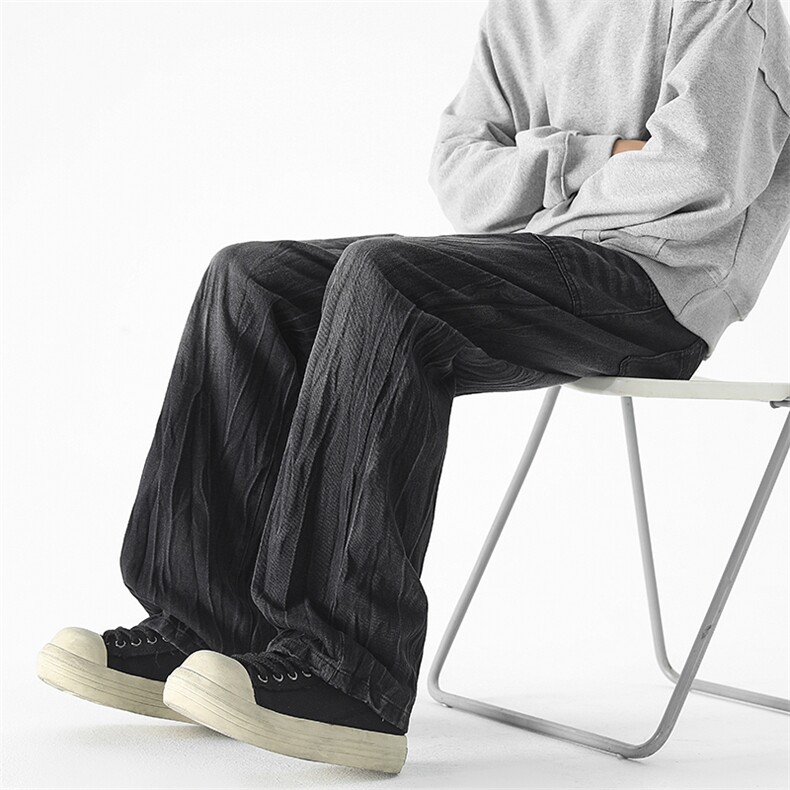 现货秋冬美式黑色渐变裤子男竹节纹直筒牛仔裤女K657-P50控68,男装牛仔裤,星座205-5