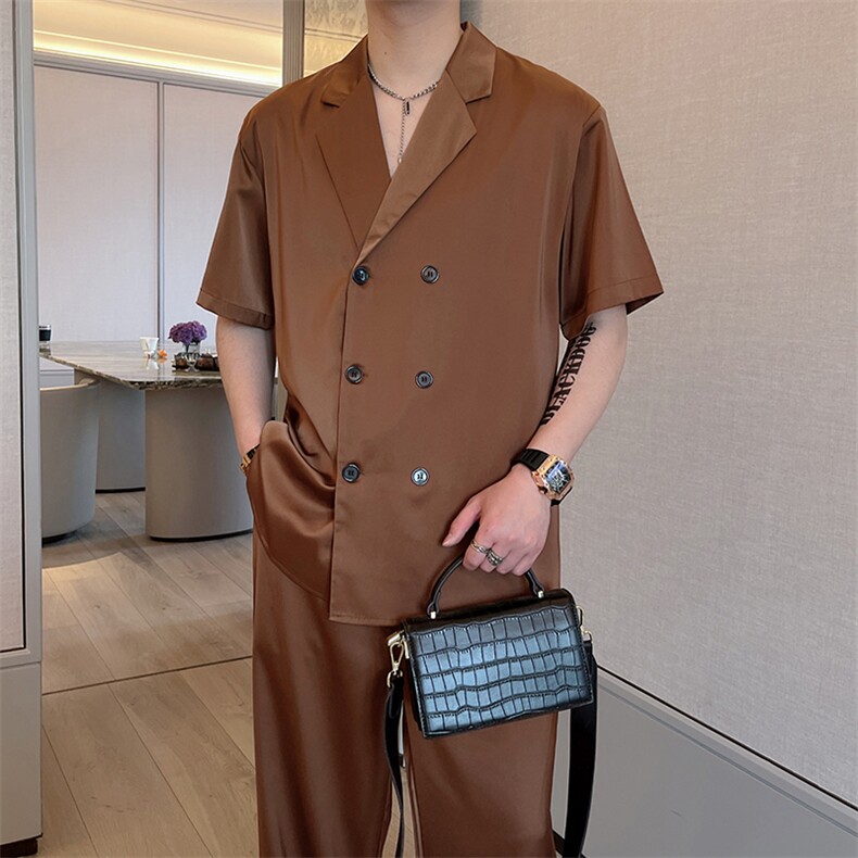 夏季绸缎薄款休闲西服套装男短袖衬衣长裤两件套TZ217-P130控165,男装T恤,电商B267