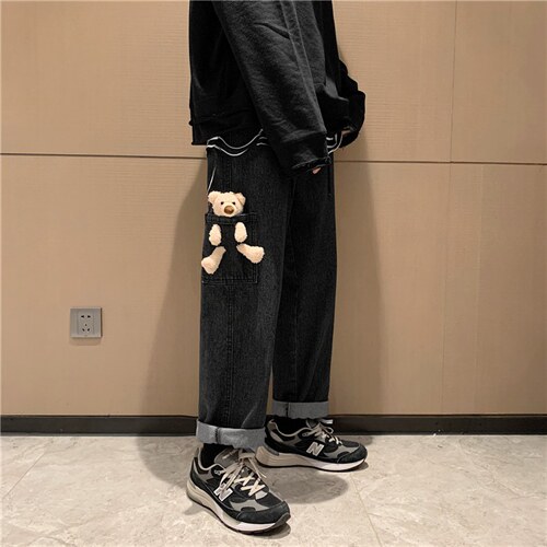 新款牛仔裤男直筒宽松2023春秋潮流中性潮牌小熊裤子1008-k69-p40
