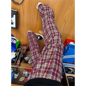 红色格子裤男款褶皱vibe微喇格纹裤子垂感阔腿直筒裤 KX48图片